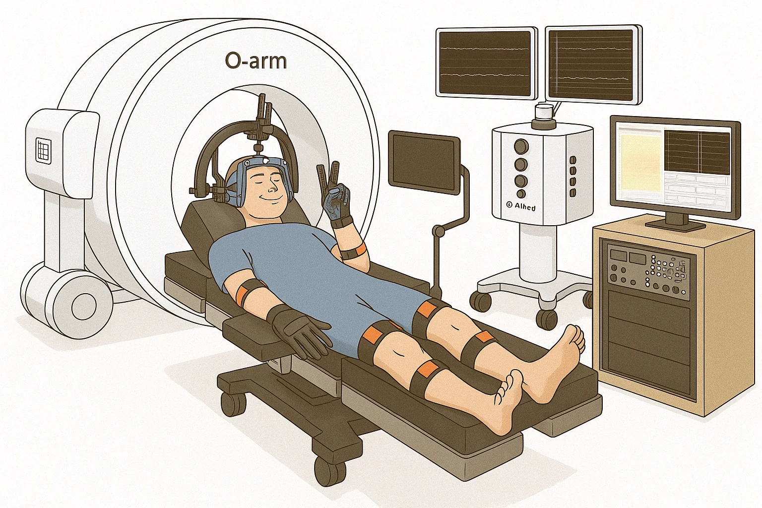 Intraoperative neural recording during awake brain surgery — high-density electrode array on cortical surface with motion-capture in the dry lab.